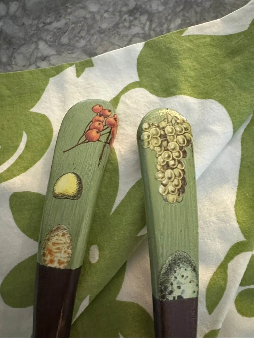 Vintage Green and Brown Wooden Salad Serving Utensil Set